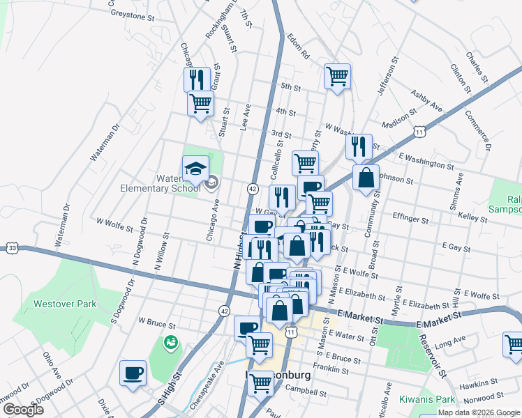 map of restaurants, bars, coffee shops, grocery stores, and more near 251 Virginia Avenue in Harrisonburg