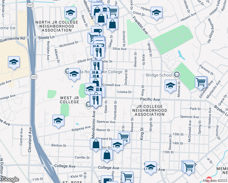 map of restaurants, bars, coffee shops, grocery stores, and more near 1237 Humboldt Street in Santa Rosa