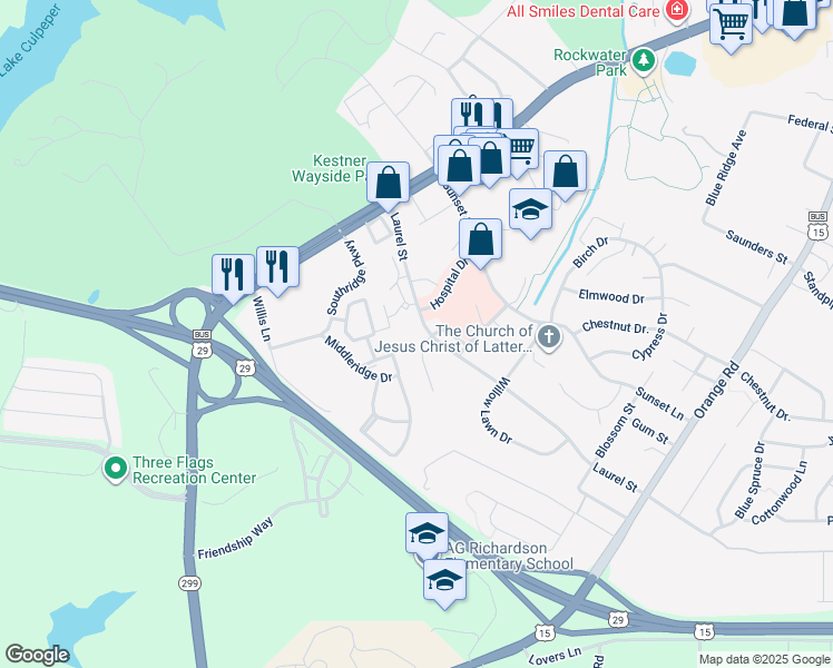 map of restaurants, bars, coffee shops, grocery stores, and more near 601 Laurel Street in Culpeper