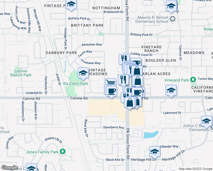 map of restaurants, bars, coffee shops, grocery stores, and more near 8855 Liscarney Way in Sacramento