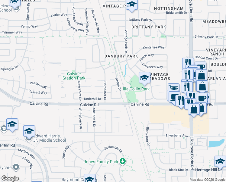 map of restaurants, bars, coffee shops, grocery stores, and more near 8381 Linderhof Way in Sacramento