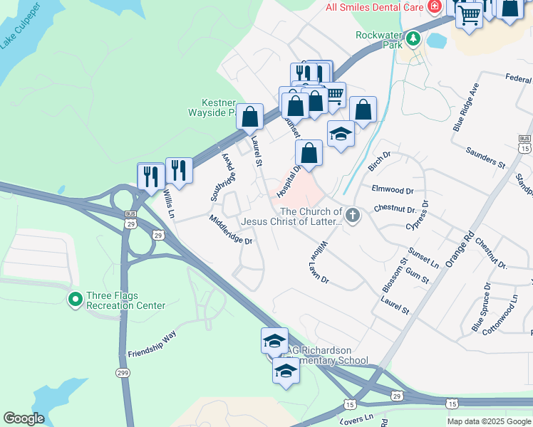 map of restaurants, bars, coffee shops, grocery stores, and more near 601 Laurel Street in Culpeper