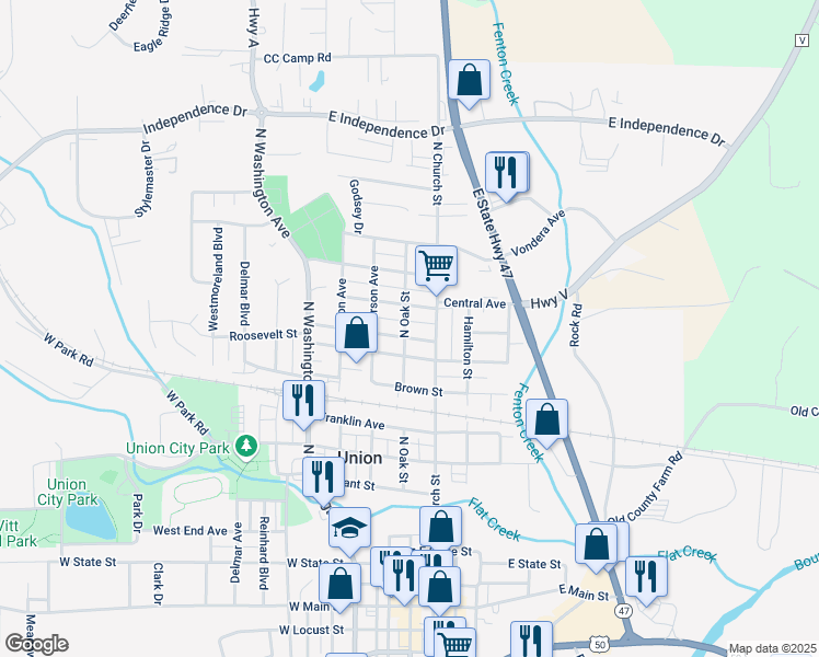 map of restaurants, bars, coffee shops, grocery stores, and more near 1000 North Oak Street in Union