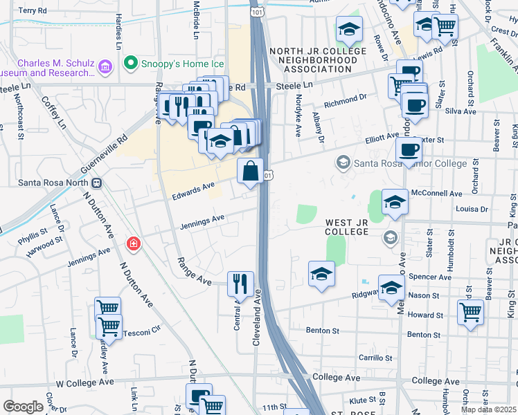 map of restaurants, bars, coffee shops, grocery stores, and more near Cleveland Avenue & Jennings Avenue in Santa Rosa
