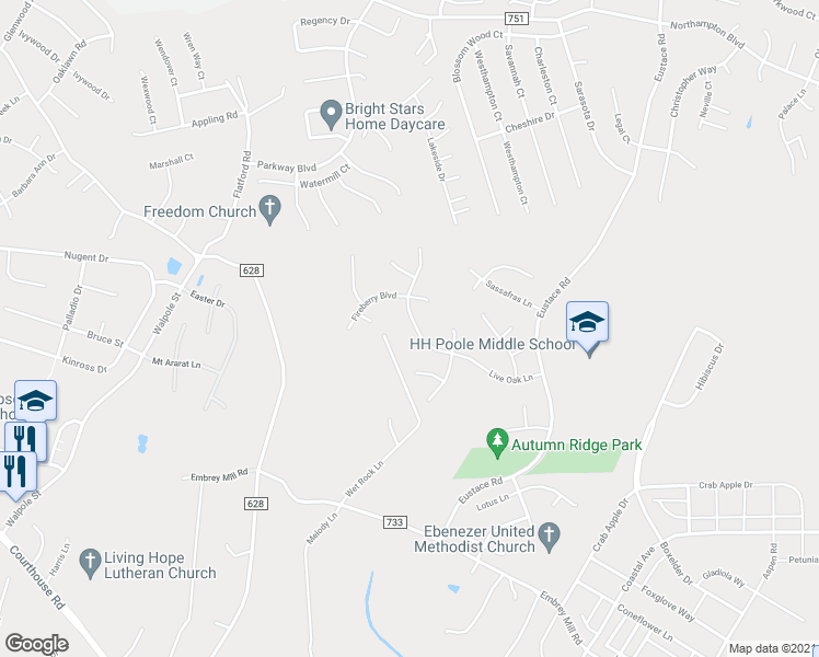 map of restaurants, bars, coffee shops, grocery stores, and more near 41 Live Oak Lane in Stafford