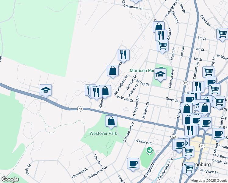 map of restaurants, bars, coffee shops, grocery stores, and more near 211 Rockingham Drive in Harrisonburg