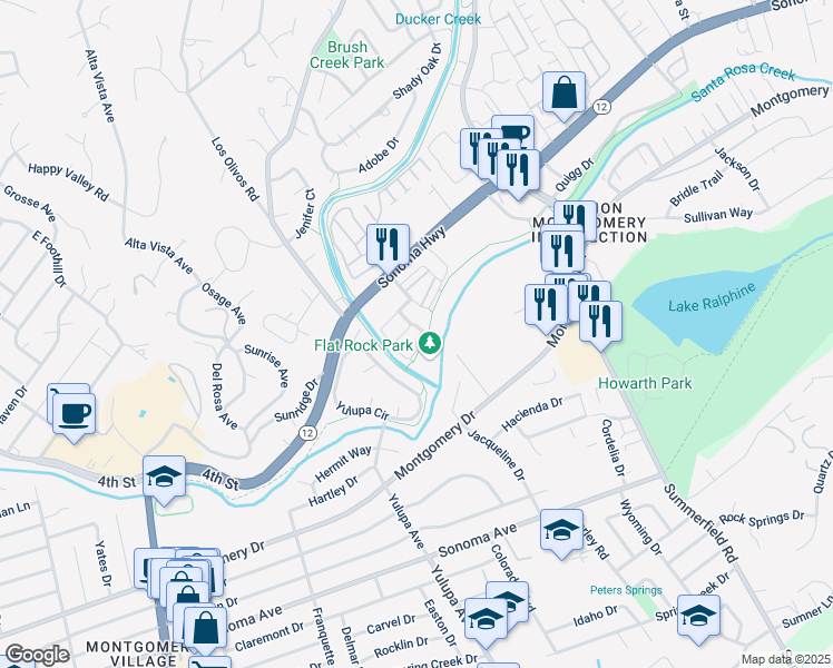 map of restaurants, bars, coffee shops, grocery stores, and more near 4243 Flat Rock Circle in Santa Rosa