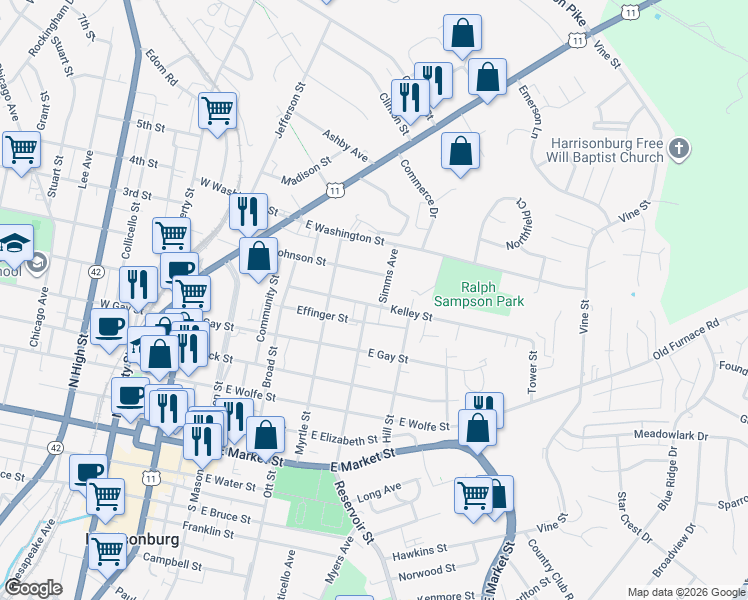 map of restaurants, bars, coffee shops, grocery stores, and more near 286 Kelley Street in Harrisonburg