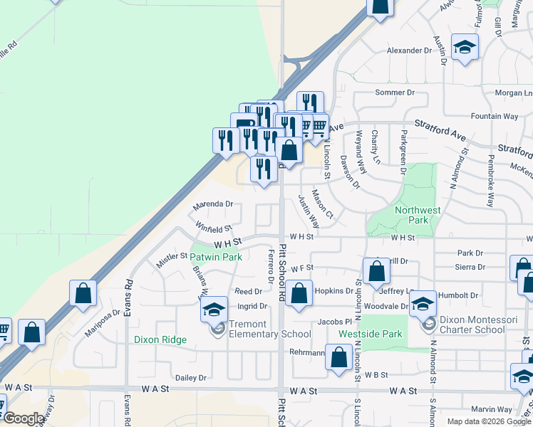 map of restaurants, bars, coffee shops, grocery stores, and more near 865 Green Drive in Dixon