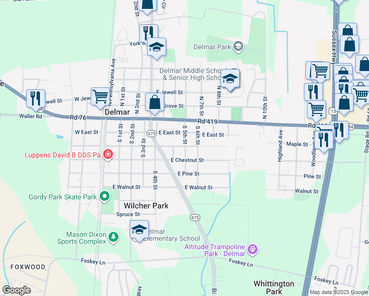 map of restaurants, bars, coffee shops, grocery stores, and more near 418 E Elizabeth St in Delmar