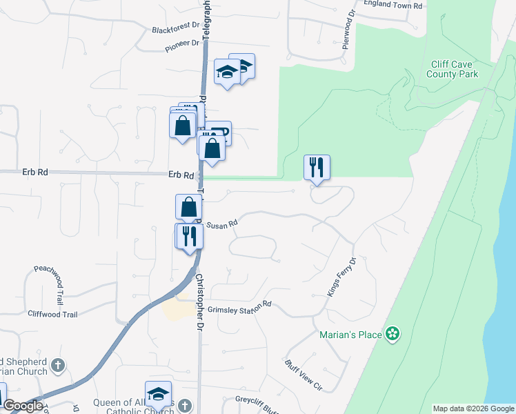 map of restaurants, bars, coffee shops, grocery stores, and more near 147 Susan Road in St. Louis