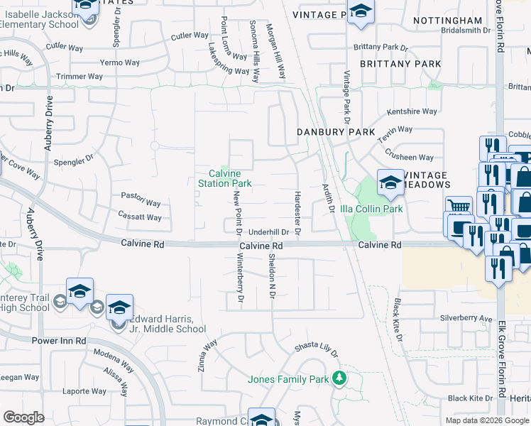 map of restaurants, bars, coffee shops, grocery stores, and more near 8595 New Forest Way in Sacramento