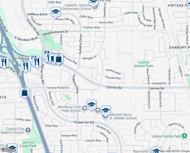 map of restaurants, bars, coffee shops, grocery stores, and more near 8368 Bergthold Way in Sacramento
