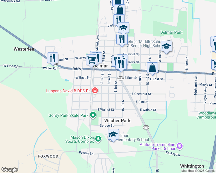 map of restaurants, bars, coffee shops, grocery stores, and more near 110 East Elizabeth Street in Delmar