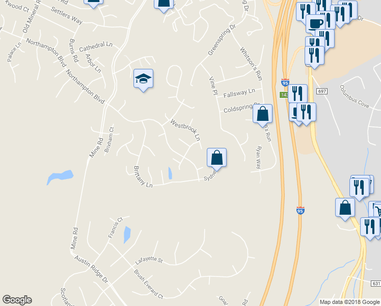 map of restaurants, bars, coffee shops, grocery stores, and more near 4 Brantford Drive in Stafford
