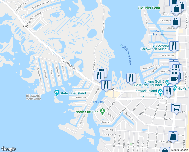 map of restaurants, bars, coffee shops, grocery stores, and more near 38856 Bennett Avenue in Selbyville