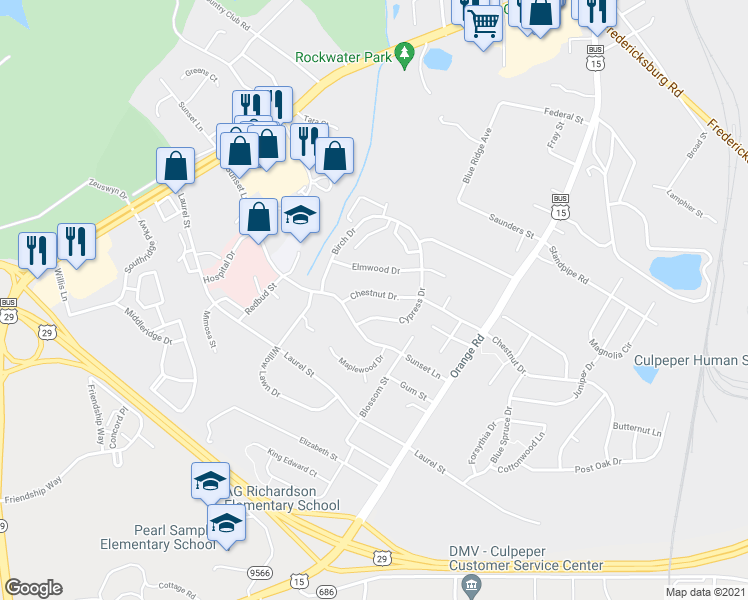 map of restaurants, bars, coffee shops, grocery stores, and more near 301 Chestnut Drive in Culpeper