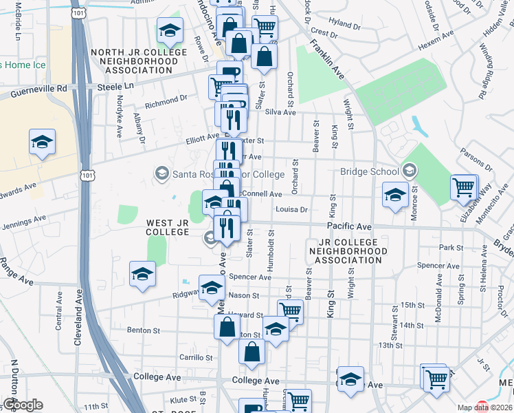 map of restaurants, bars, coffee shops, grocery stores, and more near 1237 Humboldt Street in Santa Rosa
