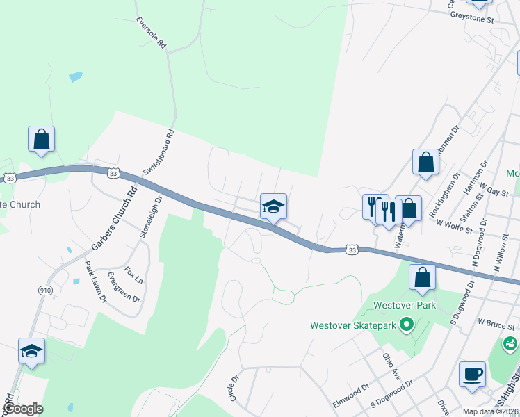 map of restaurants, bars, coffee shops, grocery stores, and more near 1460 West Market Street in Harrisonburg