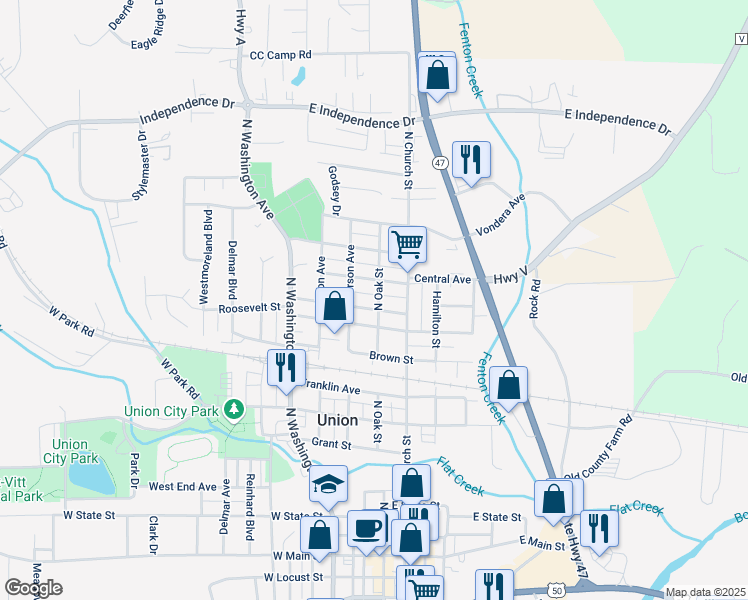 map of restaurants, bars, coffee shops, grocery stores, and more near 1000 North Oak Street in Union