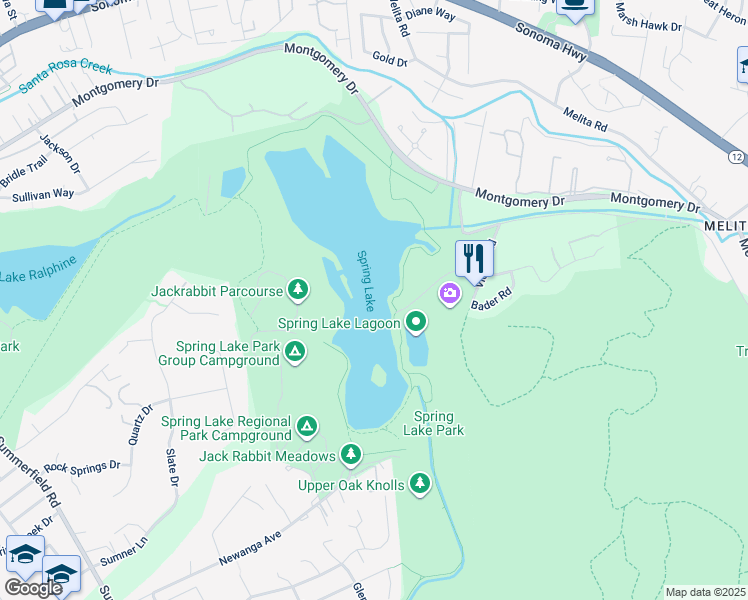 map of restaurants, bars, coffee shops, grocery stores, and more near 5585 Newanga Avenue in Santa Rosa