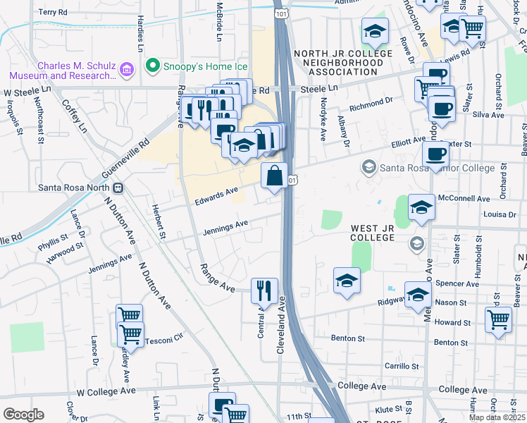 map of restaurants, bars, coffee shops, grocery stores, and more near 1801 Cleveland Avenue in Santa Rosa