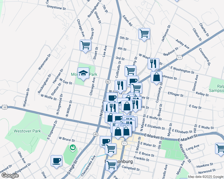 map of restaurants, bars, coffee shops, grocery stores, and more near 415 North Liberty Street in Harrisonburg