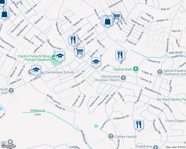map of restaurants, bars, coffee shops, grocery stores, and more near 3201 Ridgeway Drive in Ashland