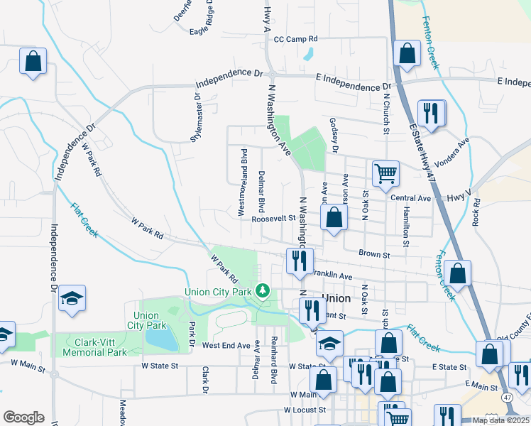 map of restaurants, bars, coffee shops, grocery stores, and more near 107 Roosevelt Street in Union