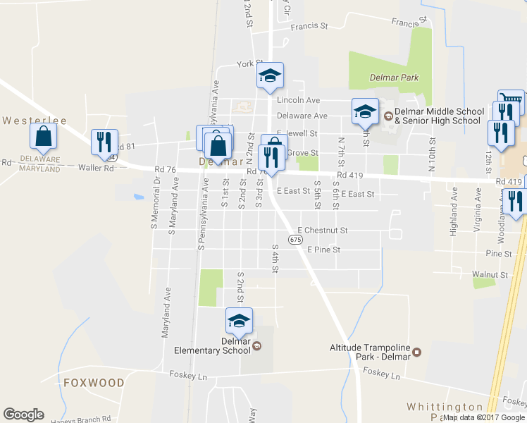 map of restaurants, bars, coffee shops, grocery stores, and more near 302 East Elizabeth Street in Delmar