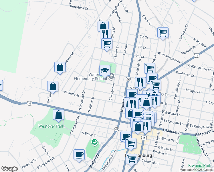 map of restaurants, bars, coffee shops, grocery stores, and more near 427 W Gay St in Harrisonburg