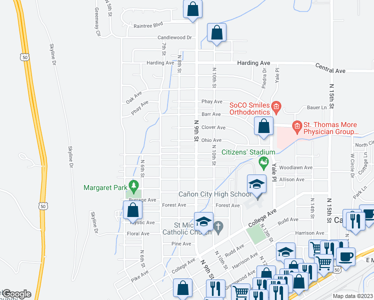 map of restaurants, bars, coffee shops, grocery stores, and more near 811 Fairview Avenue in Cañon City
