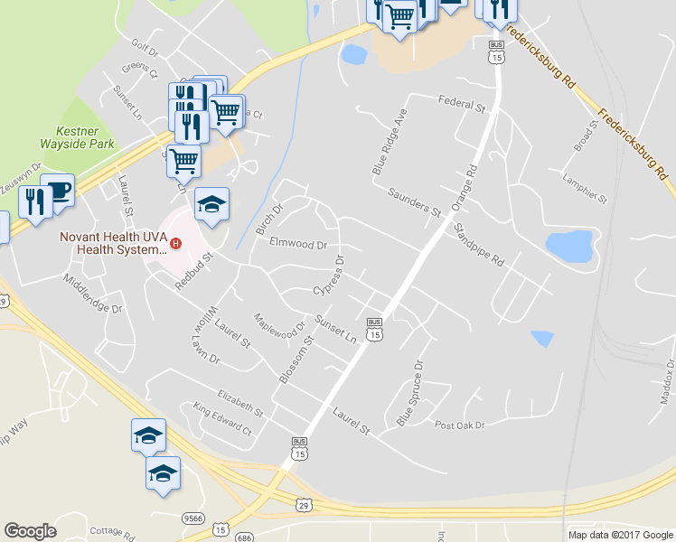 map of restaurants, bars, coffee shops, grocery stores, and more near 2100 Cypress Drive in Culpeper