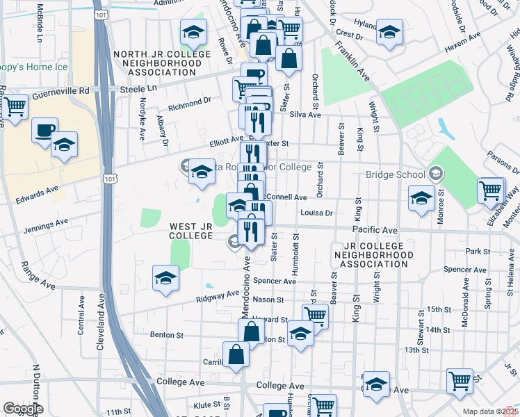 map of restaurants, bars, coffee shops, grocery stores, and more near 533 Pacific Avenue in Santa Rosa
