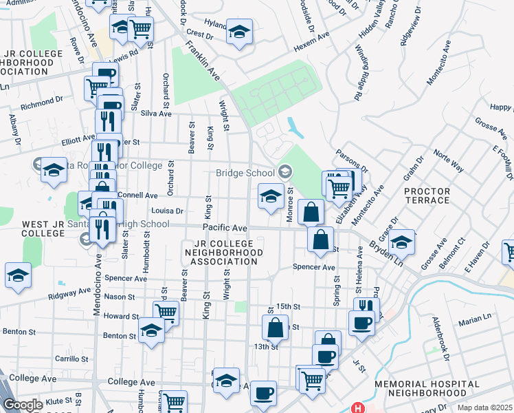 map of restaurants, bars, coffee shops, grocery stores, and more near 1480 North Street in Santa Rosa