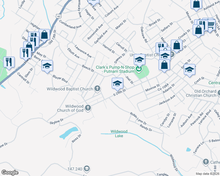 map of restaurants, bars, coffee shops, grocery stores, and more near 3215 South 29th Street in Ashland