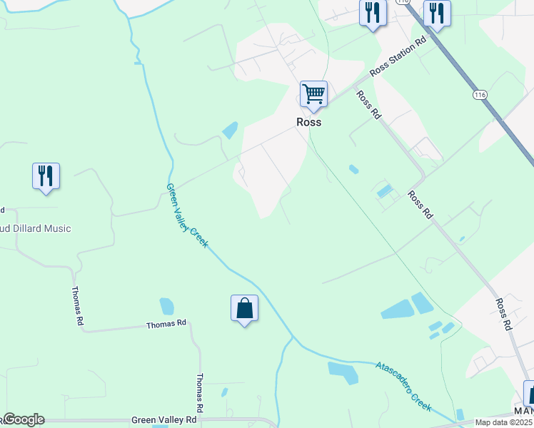 map of restaurants, bars, coffee shops, grocery stores, and more near 5270 Douglas Lane in Sebastopol