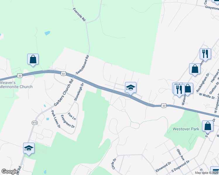 map of restaurants, bars, coffee shops, grocery stores, and more near 1522 West Market Street in Harrisonburg