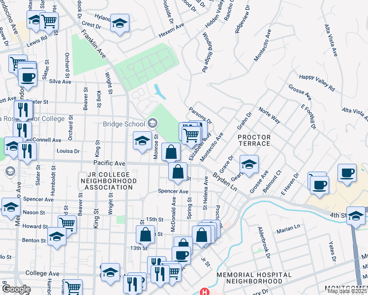 map of restaurants, bars, coffee shops, grocery stores, and more near 1555 Terrace Way in Santa Rosa