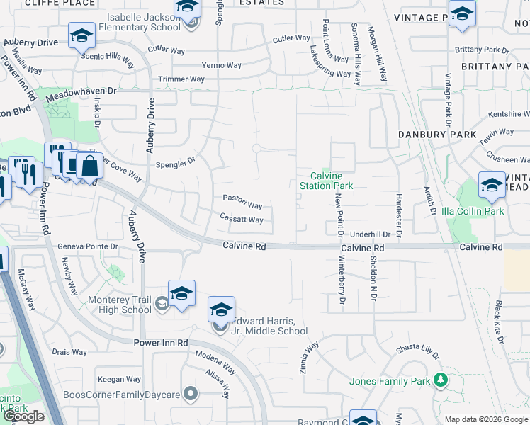 map of restaurants, bars, coffee shops, grocery stores, and more near 8467 Cassatt Way in Sacramento