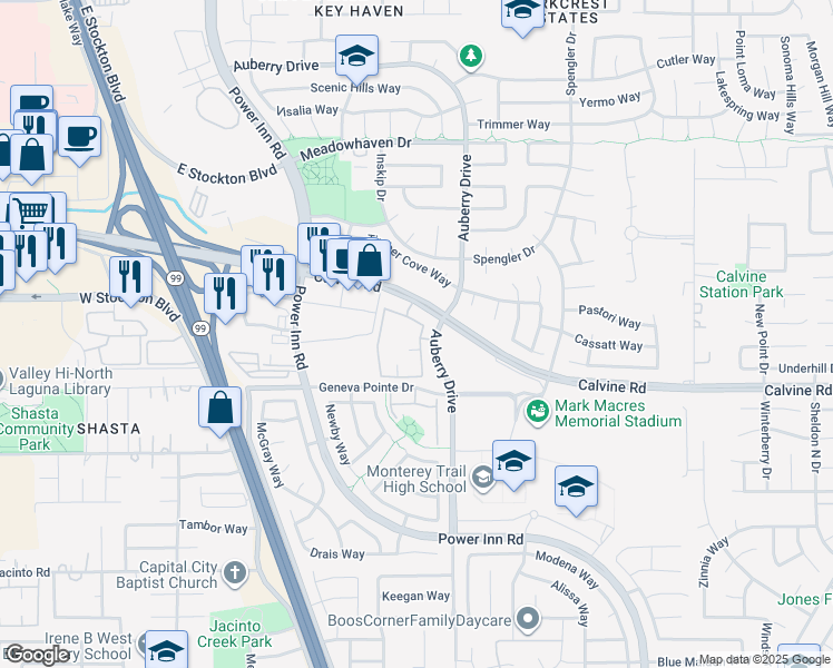 map of restaurants, bars, coffee shops, grocery stores, and more near 8282 Calvine Road in Sacramento