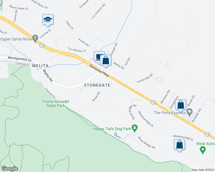 map of restaurants, bars, coffee shops, grocery stores, and more near 208 Brand Road in Santa Rosa