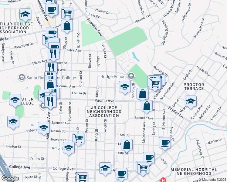 map of restaurants, bars, coffee shops, grocery stores, and more near 1460 Wright Street in Santa Rosa