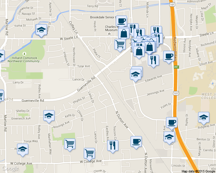 map of restaurants, bars, coffee shops, grocery stores, and more near 1097 Guaymas Court in Santa Rosa