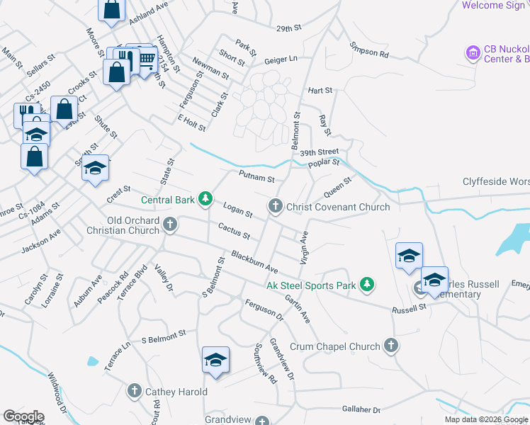 map of restaurants, bars, coffee shops, grocery stores, and more near 3801-3923 Logan St in Ashland