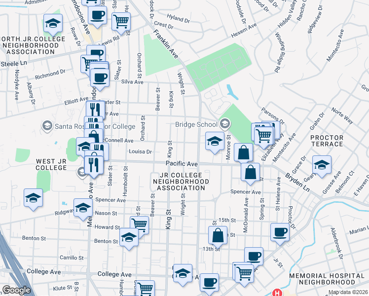 map of restaurants, bars, coffee shops, grocery stores, and more near 1482 Wright Street in Santa Rosa