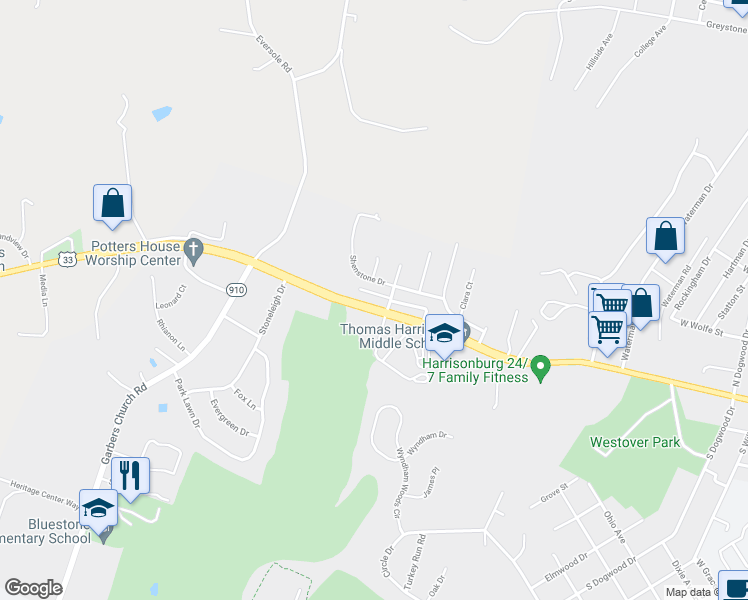 map of restaurants, bars, coffee shops, grocery stores, and more near 1522 West Market Street in Harrisonburg