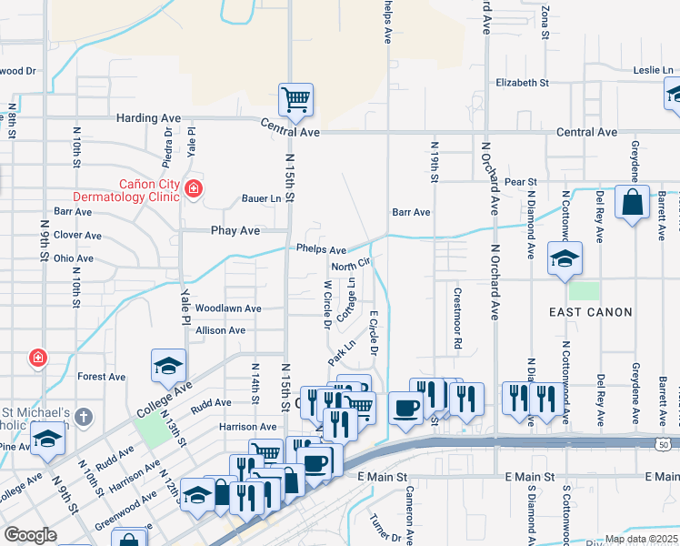 map of restaurants, bars, coffee shops, grocery stores, and more near 318 West Circle Drive in Cañon City
