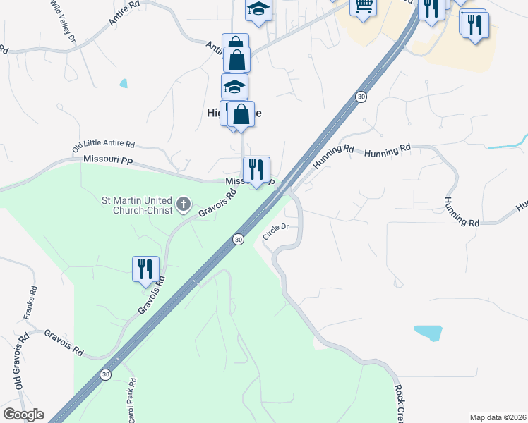 map of restaurants, bars, coffee shops, grocery stores, and more near 5609 Circle Drive in House Springs
