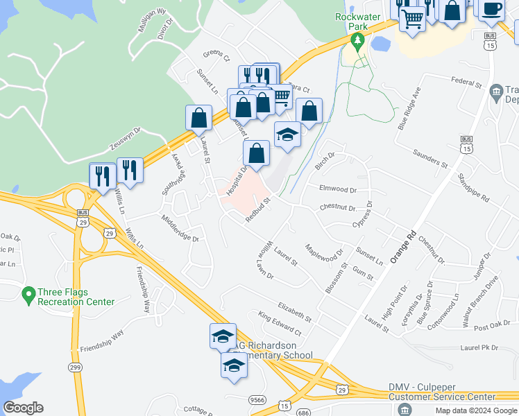 map of restaurants, bars, coffee shops, grocery stores, and more near Redbud Street in Culpeper